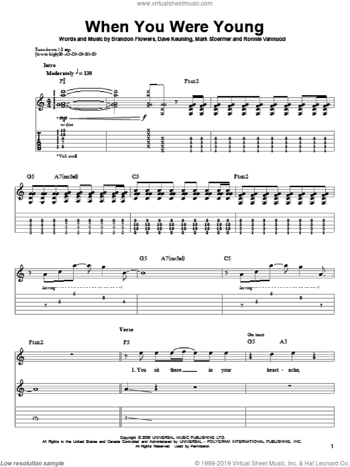 When You Were Young sheet music for guitar (tablature, play-along) by The Killers, Brandon Flowers, Dave Keuning, Mark Stoermer and Ronnie Vannucci, intermediate skill level