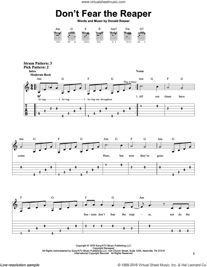 Don't Fear The Reaper sheet music for guitar solo (easy tablature) by Blue Oyster Cult and Donald Roeser, easy guitar (easy tablature)