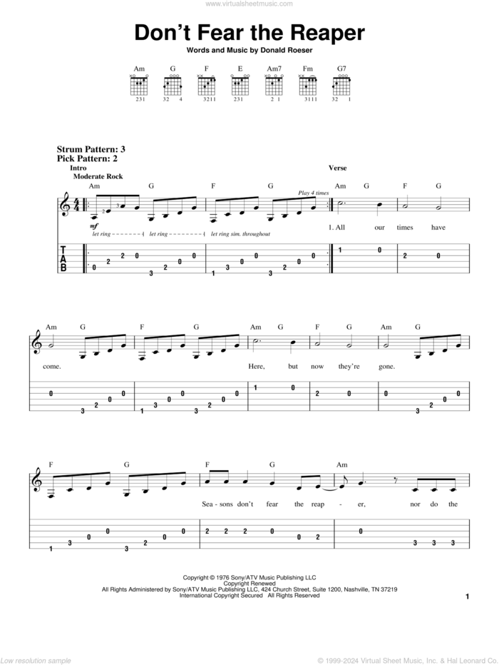 Don't Fear The Reaper sheet music for guitar solo (easy tablature) by Blue Oyster Cult and Donald Roeser, easy guitar (easy tablature)