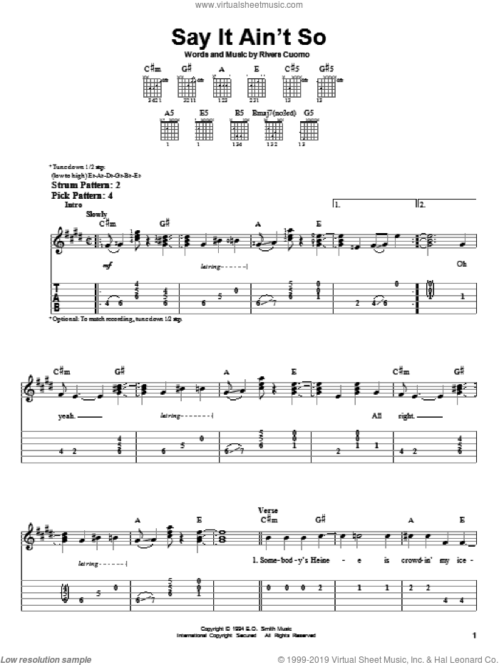 Say It Ain't So sheet music for guitar solo (easy tablature) by Weezer and Rivers Cuomo, easy guitar (easy tablature)