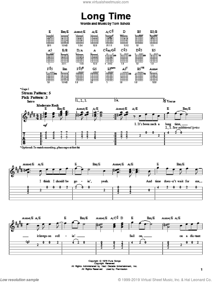 Long Time sheet music for guitar solo (easy tablature) by Boston and Tom Scholz, easy guitar (easy tablature)