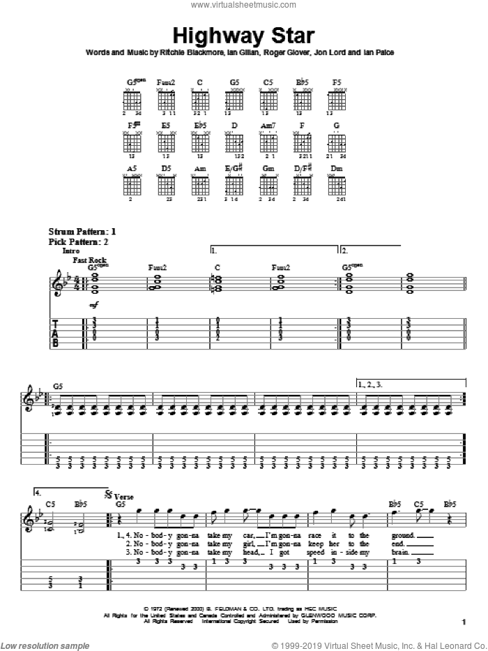 Highway Star sheet music for guitar solo (easy tablature) by Deep Purple, Ian Gillan, Ian Paice, Jon Lord, Ritchie Blackmore and Roger Glover, easy guitar (easy tablature)