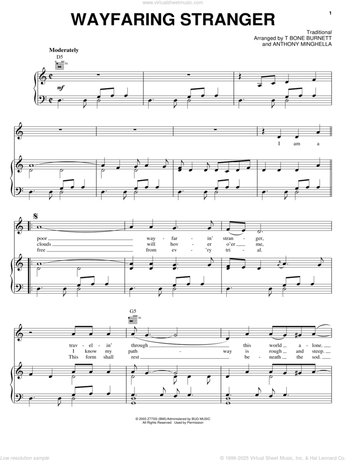 Wayfaring Stranger sheet music for voice, piano or guitar by Jack White, Cold Mountain (Movie), Johnny Cash, Anthony Minghella and T-Bone Burnett, intermediate skill level