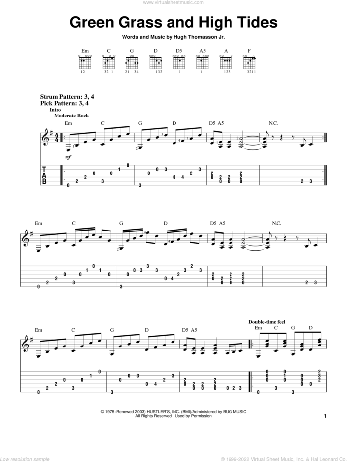 Green Grass And High Tides sheet music for guitar solo (easy tablature) by Outlaws and Hugh Thomasson Jr., easy guitar (easy tablature)