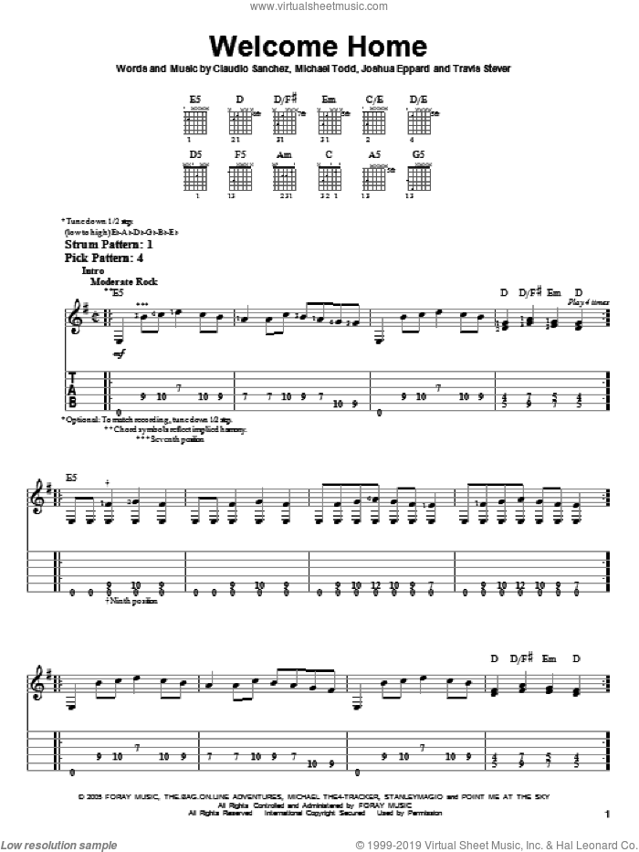 Welcome Home sheet music for guitar solo (easy tablature) by Coheed And Cambria, Claudio Sanchez, Joshua Eppard, Michael Todd and Travis Stever, easy guitar (easy tablature)