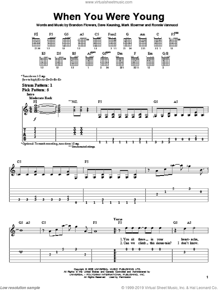 When You Were Young sheet music for guitar solo (easy tablature) by The Killers, Brandon Flowers, Dave Keuning, Mark Stoermer and Ronnie Vannucci, easy guitar (easy tablature)