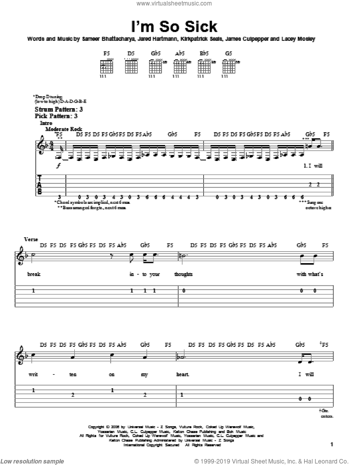 I'm So Sick sheet music for guitar solo (easy tablature) by Flyleaf, James Culpepper, Jared Hartmann, Kirkpatrick Seals, Lacey Mosley and Sameer Bhattacharya, easy guitar (easy tablature)