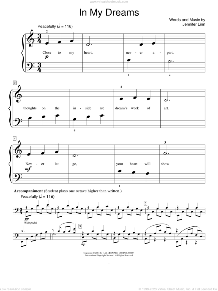 In My Dreams sheet music for piano solo (elementary) by Jennifer Linn and Miscellaneous, beginner piano (elementary)