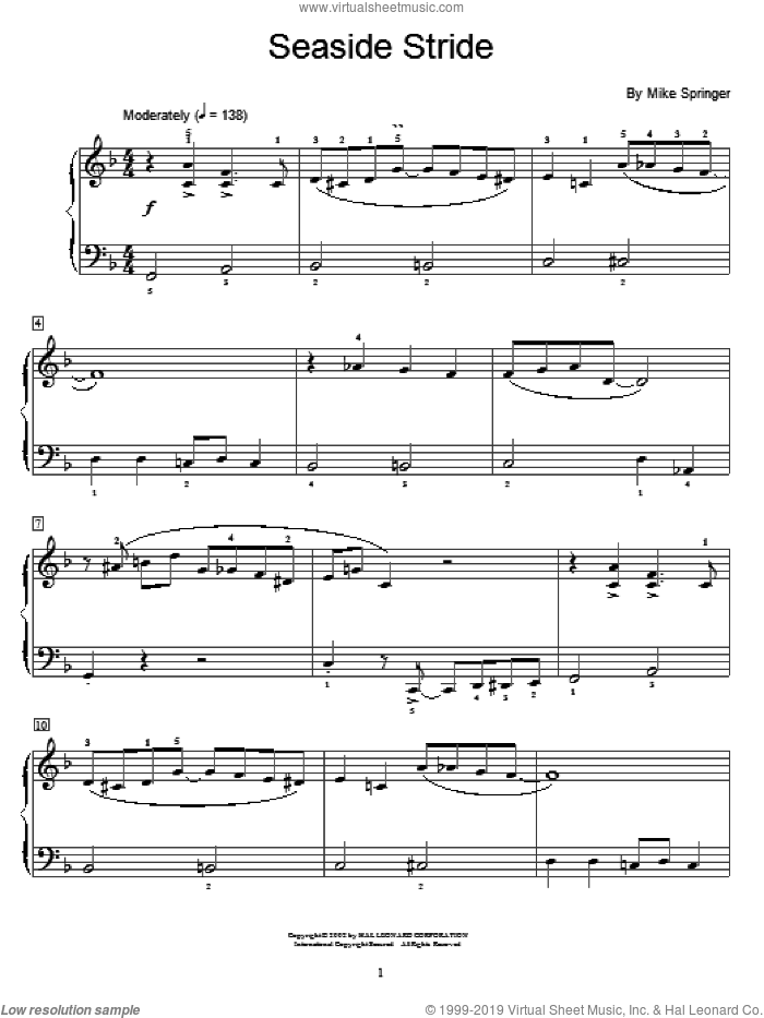 Seaside Stride sheet music for piano solo (elementary) by Mike Springer and Miscellaneous, beginner piano (elementary)