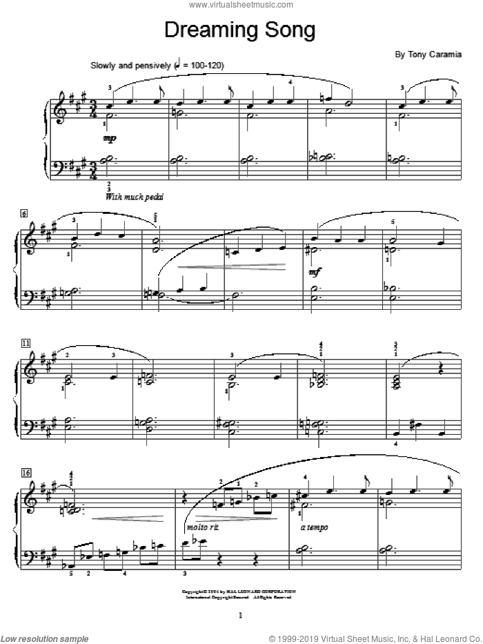 Dreaming Song sheet music for piano solo (elementary) by Tony Caramia and Miscellaneous, beginner piano (elementary)