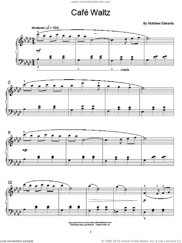 Cafe Waltz sheet music for piano solo (elementary) by Matthew Edwards and Miscellaneous, beginner piano (elementary)
