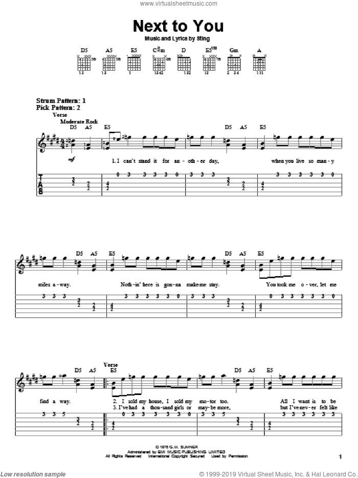 Next To You sheet music for guitar solo (easy tablature) by The Police and Sting, easy guitar (easy tablature)