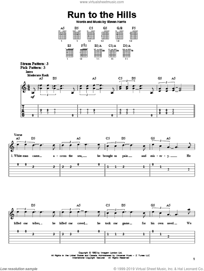 Run To The Hills sheet music for guitar solo (easy tablature) by Iron Maiden and Steve Harris, easy guitar (easy tablature)