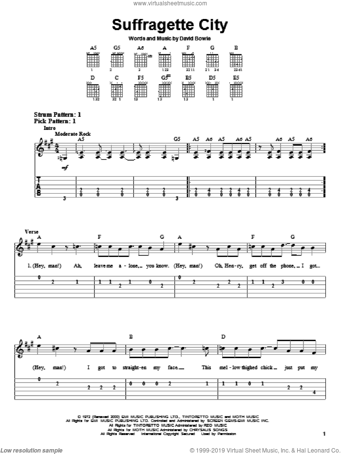 Suffragette City sheet music for guitar solo (easy tablature) by David Bowie, easy guitar (easy tablature)