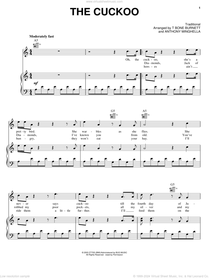 The Cuckoo sheet music for voice, piano or guitar by Tim Eriksen, Cold Mountain (Movie), Riley Baugus, Anthony Minghella and T-Bone Burnett, intermediate skill level