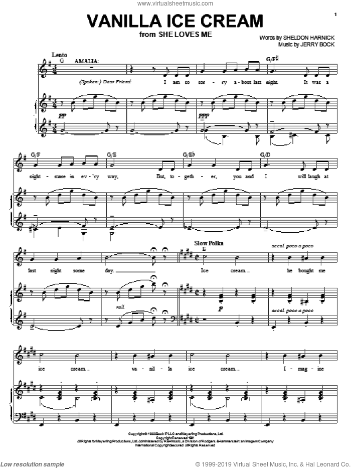 Vanilla Ice Cream sheet music for voice, piano or guitar by Bock & Harnick, She Loves Me (Musical), Jerry Bock and Sheldon Harnick, intermediate skill level