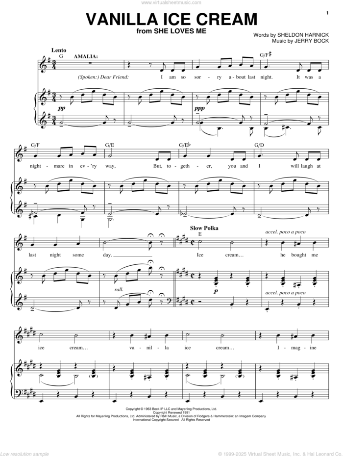 Vanilla Ice Cream sheet music for voice, piano or guitar by Bock & Harnick, She Loves Me (Musical), Jerry Bock and Sheldon Harnick, intermediate skill level