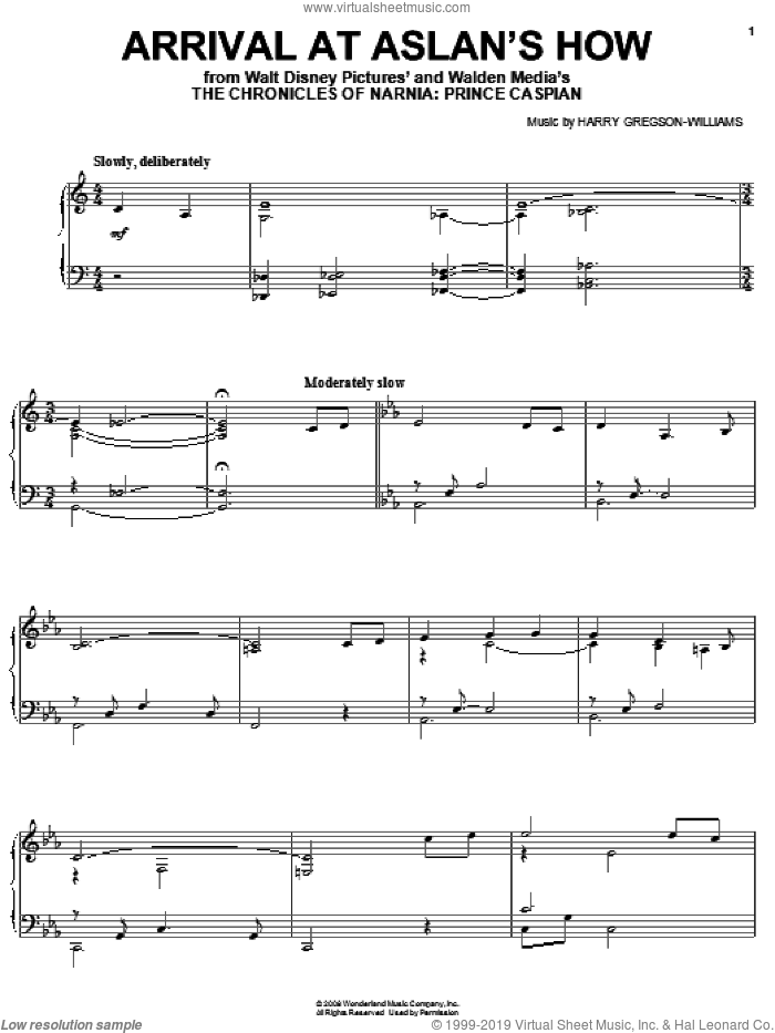 Arrival At Aslan's How sheet music for piano solo by Harry Gregson-Williams and The Chronicles of Narnia: Prince Caspian (Movie), intermediate skill level