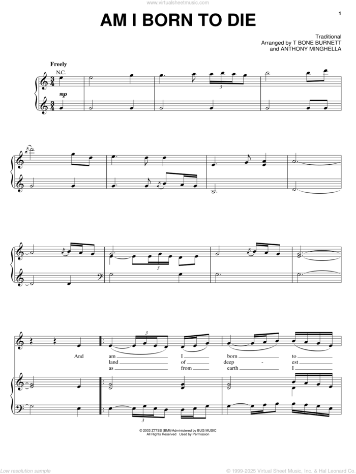 Am I Born To Die sheet music for voice, piano or guitar by Tim Eriksen, Cold Mountain (Movie), Anthony Minghella and T-Bone Burnett, intermediate skill level