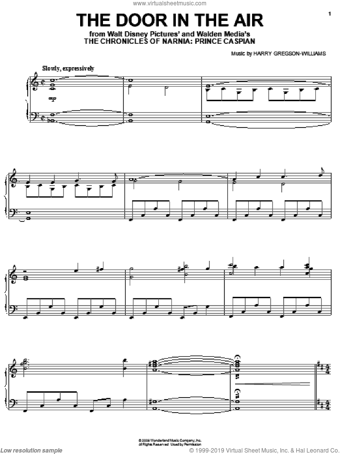 The Door In The Air sheet music for piano solo by Harry Gregson-Williams and The Chronicles of Narnia: Prince Caspian (Movie), intermediate skill level