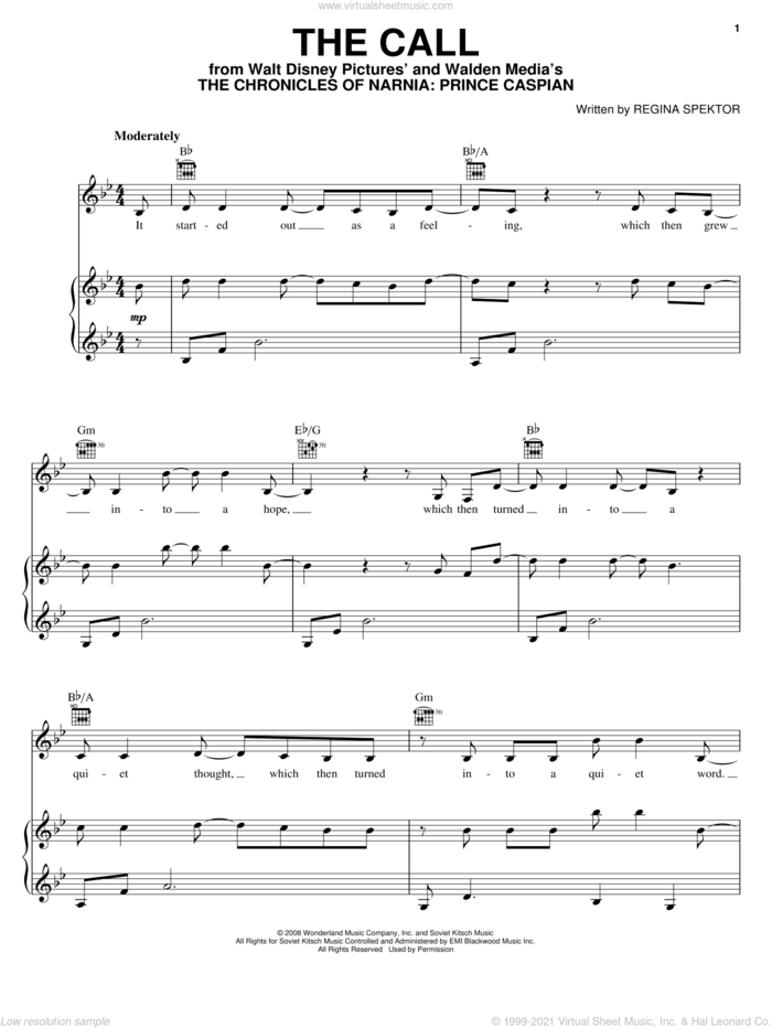 The Call sheet music for voice, piano or guitar by Regina Spektor and The Chronicles of Narnia: Prince Caspian (Movie), intermediate skill level