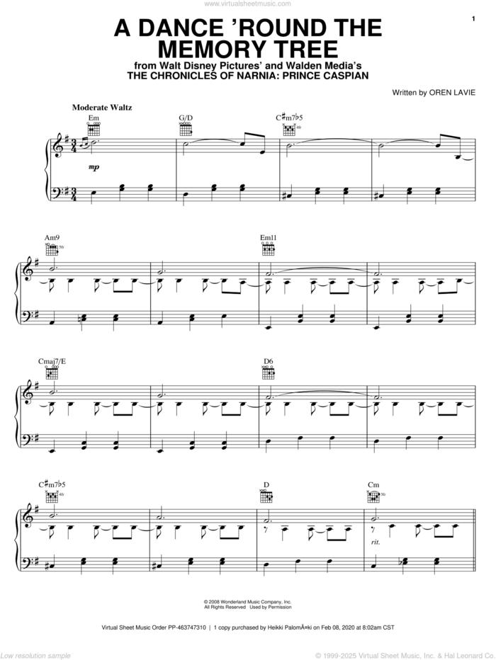 A Dance 'Round The Memory Tree sheet music for voice, piano or guitar by Oren Lavie and The Chronicles of Narnia: Prince Caspian (Movie), intermediate skill level