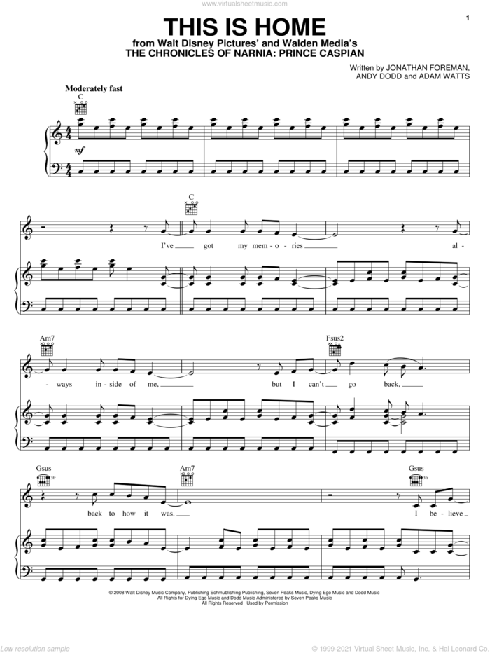 This Is Home sheet music for voice, piano or guitar by Switchfoot, The Chronicles of Narnia: Prince Caspian (Movie), Adam Watts, Andy Dodd and Jonathan Foreman, intermediate skill level