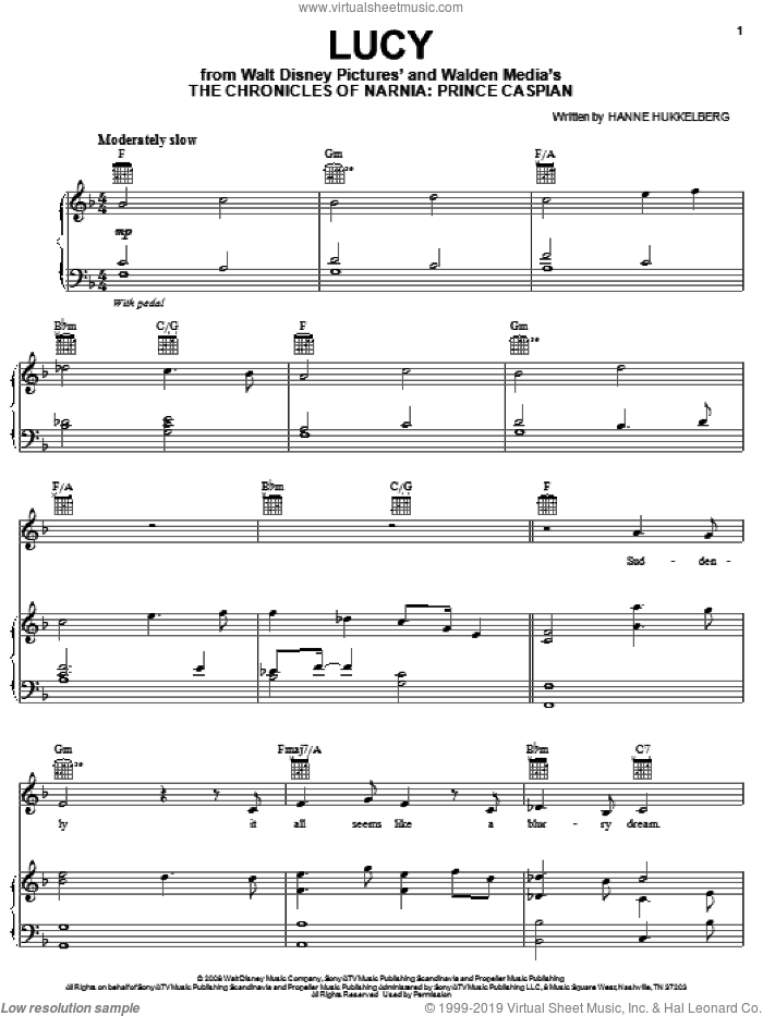 Lucy sheet music for voice, piano or guitar by Hanne Hukkelberg and The Chronicles of Narnia: Prince Caspian (Movie), intermediate skill level