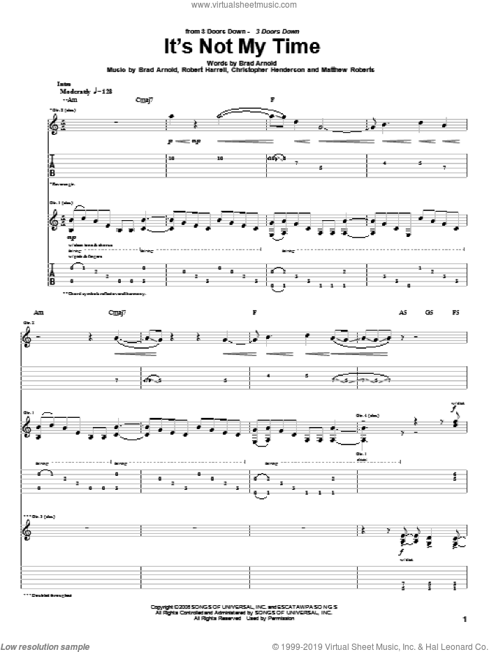 It's Not My Time sheet music for guitar (tablature) by 3 Doors Down, Brad Arnold, Christopher Henderson, Matthew Roberts and Robert Harrell, intermediate skill level