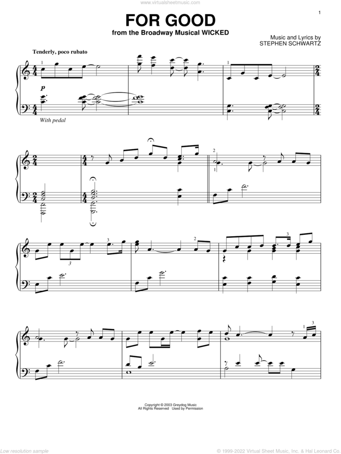 For Good (from Wicked), (intermediate) sheet music for piano solo by Stephen Schwartz and Wicked (Musical), intermediate skill level