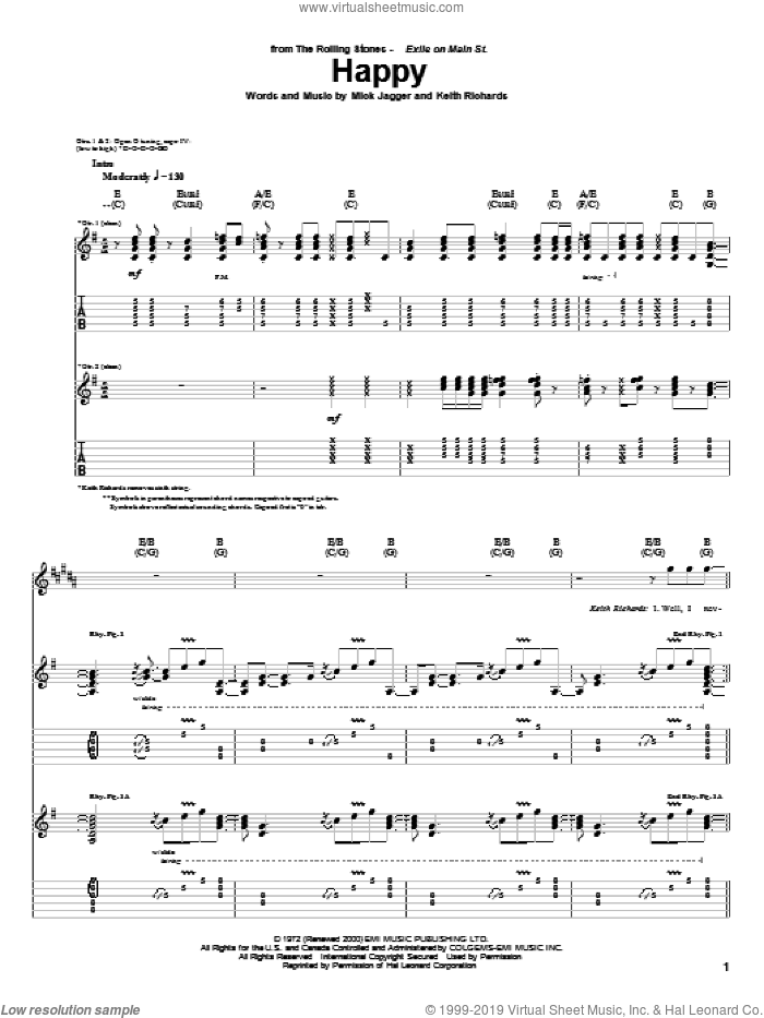 Happy sheet music for guitar (tablature) by The Rolling Stones, Keith Richards and Mick Jagger, intermediate skill level
