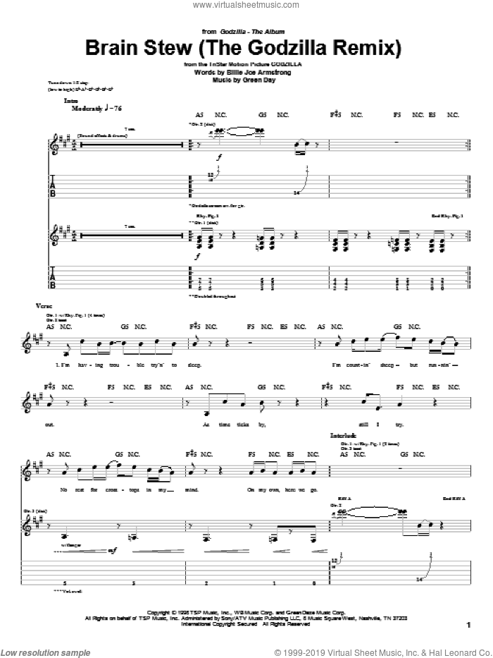 Brain Stew (The Godzilla Remix) sheet music for guitar (tablature) by Green Day and Billie Joe Armstrong, intermediate skill level