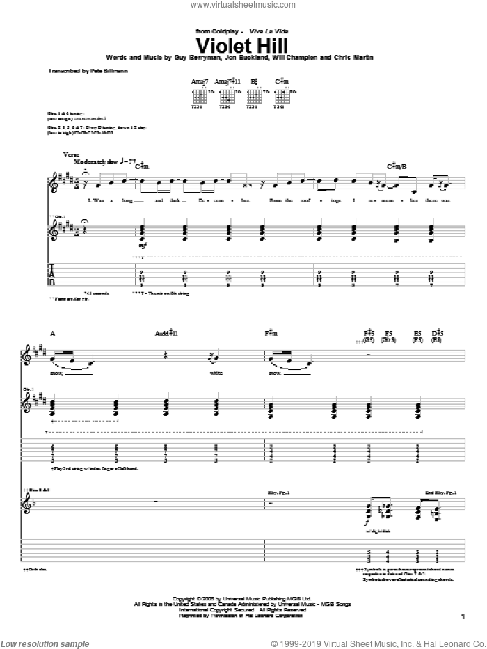 Violet Hill sheet music for guitar (tablature) by Coldplay, Chris Martin, Guy Berryman, Jon Buckland and Will Champion, intermediate skill level