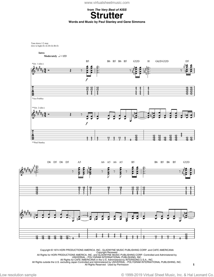 Strutter sheet music for guitar (tablature) by KISS, Gene Simmons and Paul Stanley, intermediate skill level