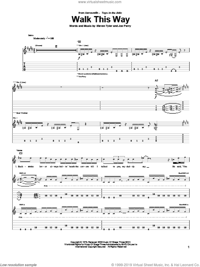 Walk This Way sheet music for guitar (tablature) by Aerosmith, Joe Perry and Steven Tyler, intermediate skill level