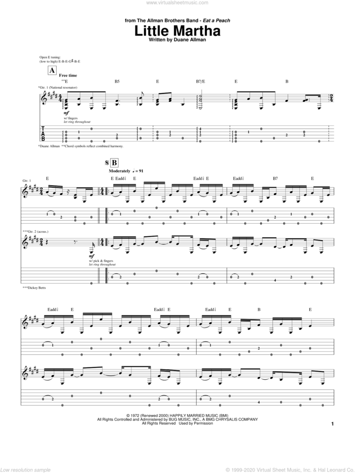 Little Martha sheet music for guitar (tablature) by Allman Brothers Band, The Allman Brothers Band and Duane Allman, intermediate skill level