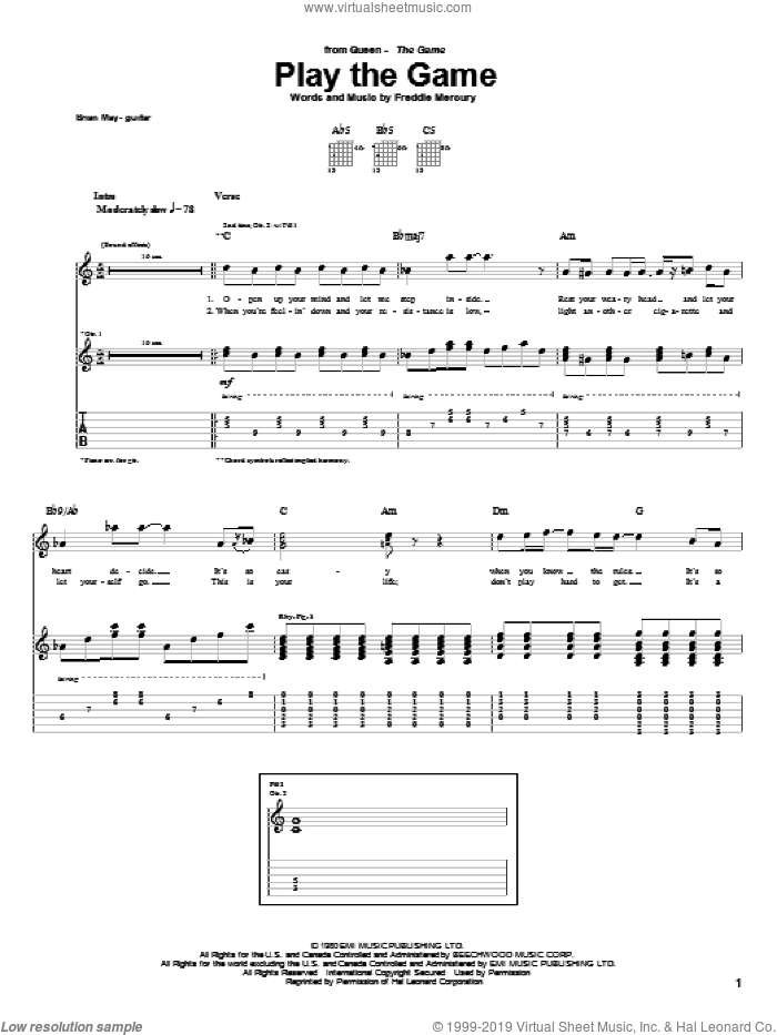 Play The Game sheet music for guitar (tablature) by Queen and Freddie Mercury, intermediate skill level