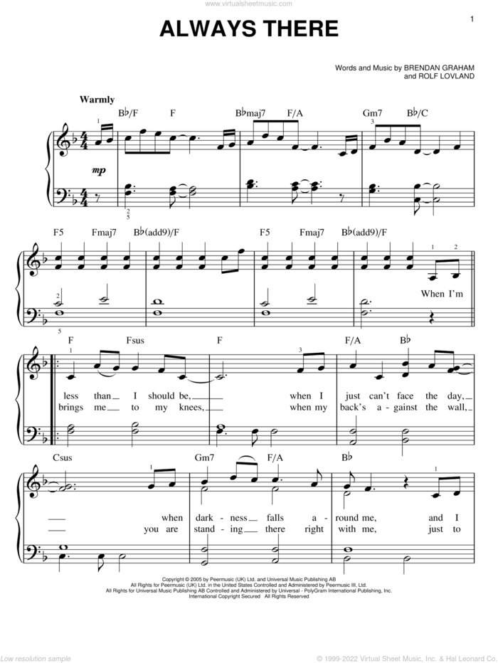 Always There sheet music for piano solo by Secret Garden, Brendan Graham and Rolf Lovland, easy skill level