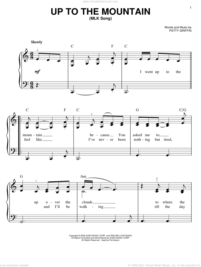Up To The Mountain (MLK Song) sheet music for piano solo by Patty Griffin, easy skill level