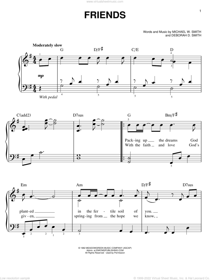 Friends sheet music for piano solo by Michael W. Smith and Deborah D. Smith, easy skill level