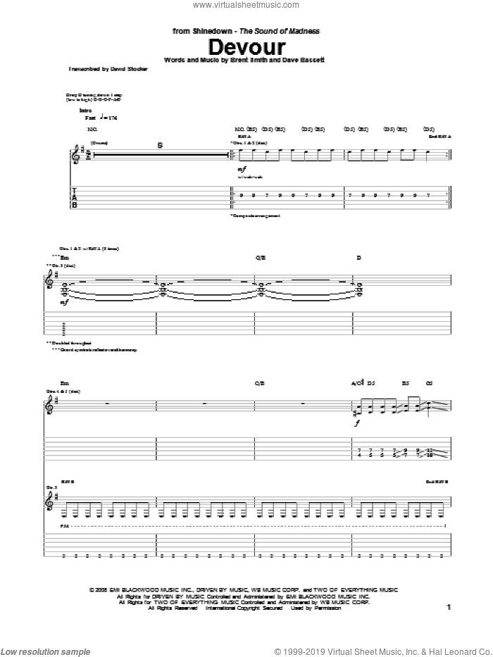 Devour sheet music for guitar (tablature) by Shinedown, Brent Smith and Dave Bassett, intermediate skill level