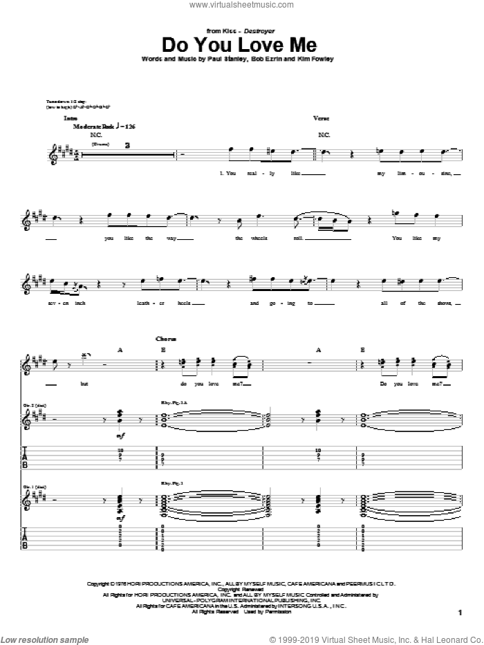 Do You Love Me sheet music for guitar (tablature) by KISS, Bob Ezrin, Kim Fowley and Paul Stanley, intermediate skill level
