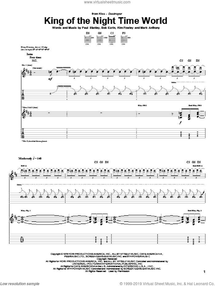 King Of The Night Time World sheet music for guitar (tablature) by KISS, Bob Ezrin, Kim Fowley, Mark Anthony and Paul Stanley, intermediate skill level