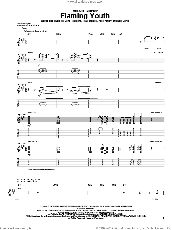 Flaming Youth sheet music for guitar (tablature) by KISS, Ace Frehley, Bob Ezrin, Gene Simmons and Paul Stanley, intermediate skill level