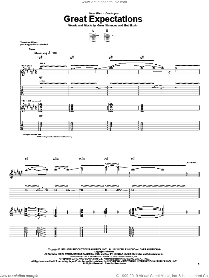 Great Expectations sheet music for guitar (tablature) by KISS, Bob Ezrin and Gene Simmons, intermediate skill level