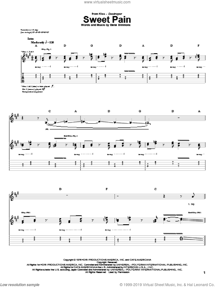 Sweet Pain sheet music for guitar (tablature) by KISS and Gene Simmons, intermediate skill level