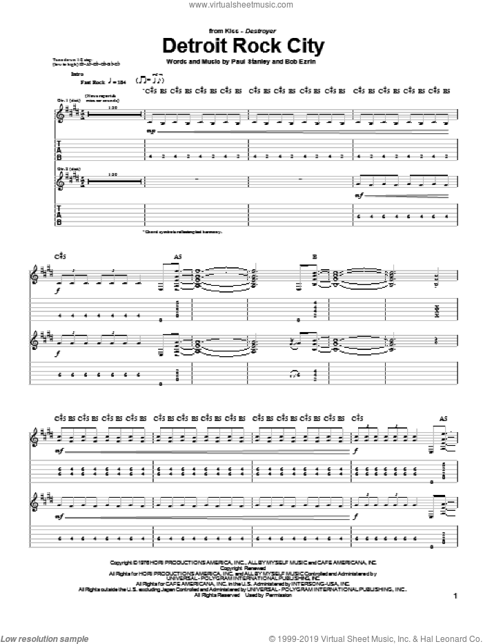 Detroit Rock City sheet music for guitar (tablature) by KISS, Bob Erzin and Paul Stanley, intermediate skill level