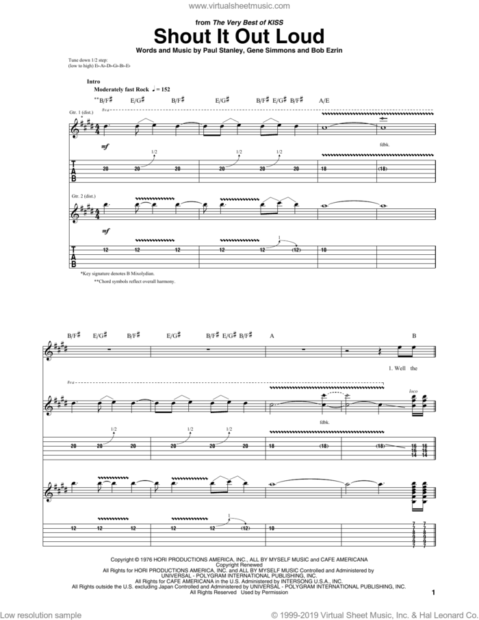 Shout It Out Loud sheet music for guitar (tablature) by KISS, Bob Erzin, Gene Simmons and Paul Stanley, intermediate skill level