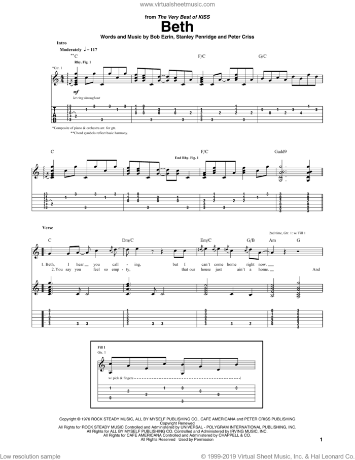 Beth sheet music for guitar (tablature) by KISS, Bob Ezrin, Peter Criss and Stan Penridge, intermediate skill level