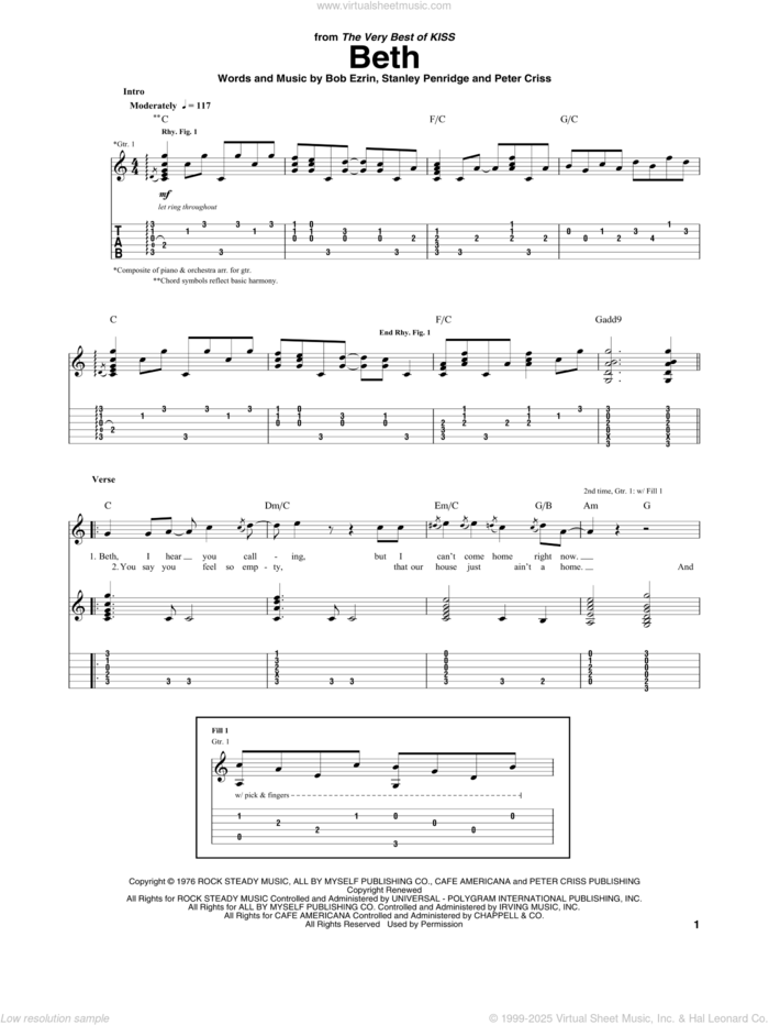 Beth sheet music for guitar (tablature) by KISS, Bob Ezrin, Peter Criss and Stan Penridge, intermediate skill level